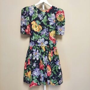 Vintage 80s Floral Drop Waist Tea‎ Dress Large Bow Size 3 Basque Garden Cottage